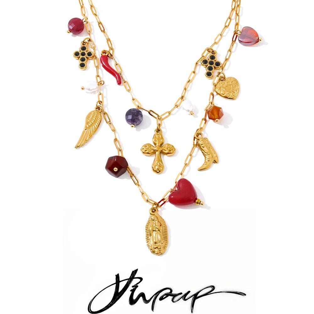 Yhpup Double-Layer Chain Heart Cross Necklace