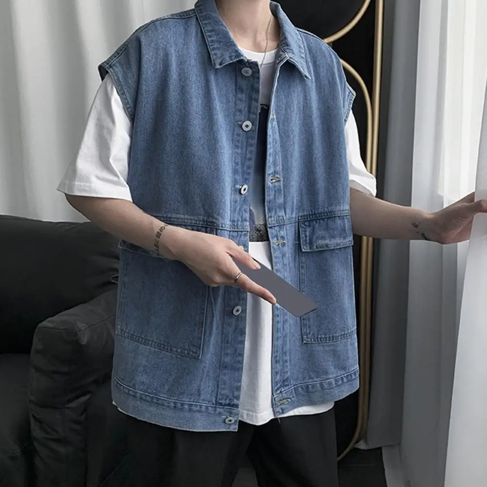 

Men Denim Vest Coat Men's Denim Vest with Large Pockets Ripped Holes Casual Washed Waistcoat for Summer Style Men Denim Vest