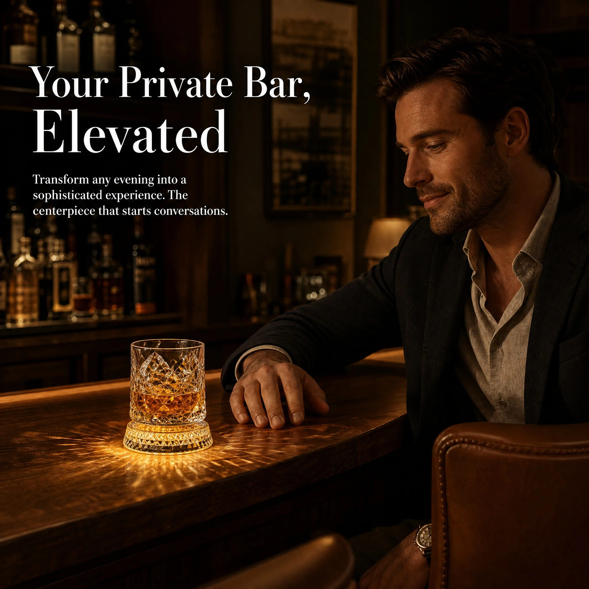 Rotating Whiskey Glass with LED Light Up Coaster,9 oz,Clear Glass 4