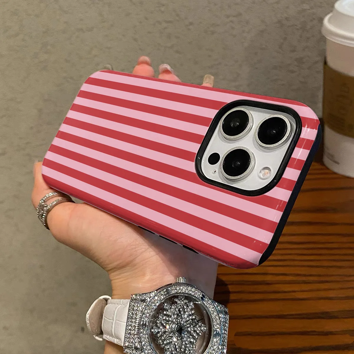 Luxury Double-Layer Pink Striped Phone Case with Fashion Design