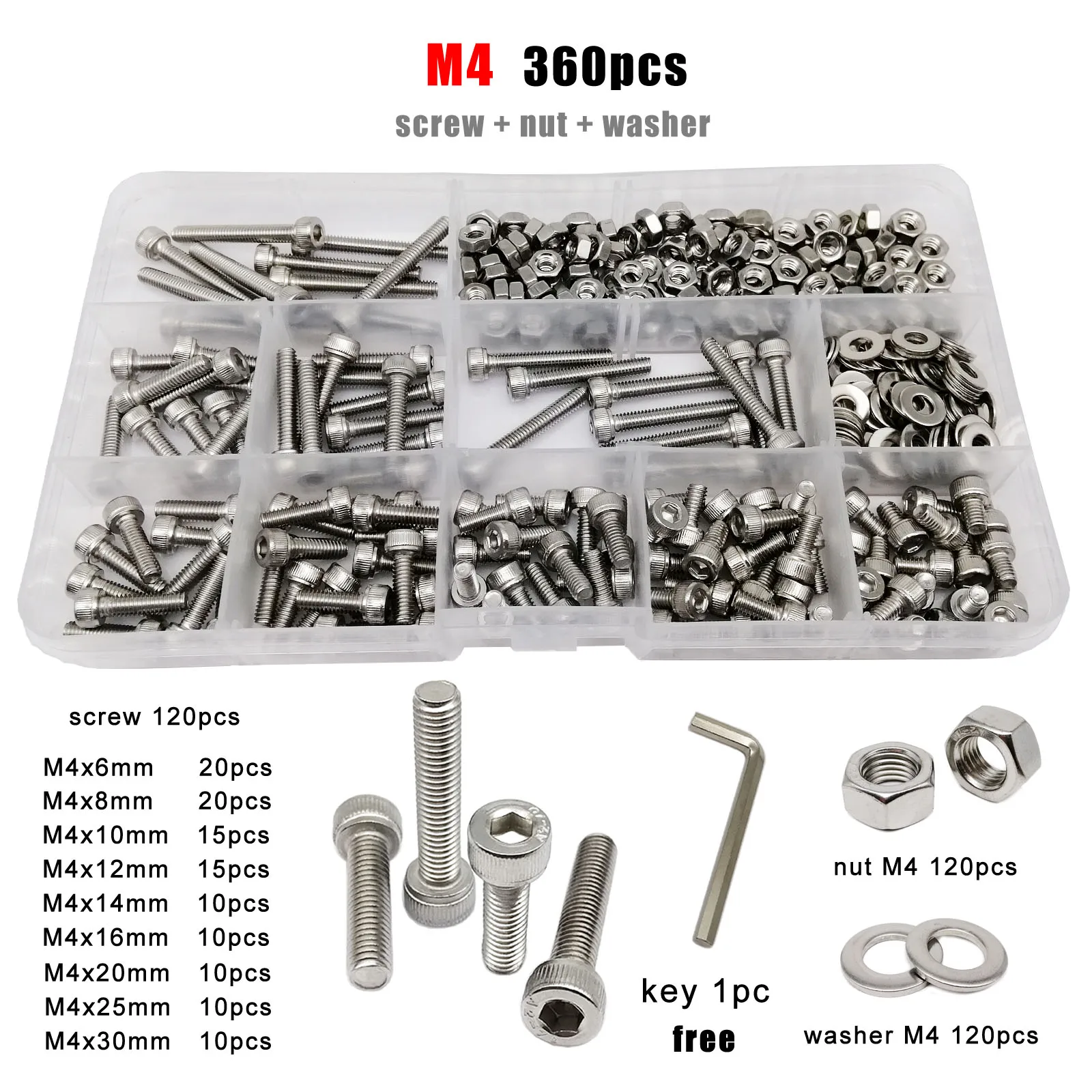 Hexagon Socket Allen Cap Head Screw Bolt Nut Assortment Kit 304 A2 Stainless Steel DIN912 M1.6 M2 M2.5 M3 M4 M5 M6 M8 1 Box