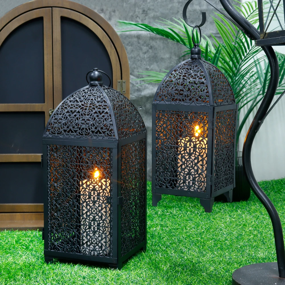 2Pcs Metal Candle Holder Black Candle Lantern Decorative Hanging Lantern with Hollow Pattern for Party Garden Indoors Outdoors - Image 3