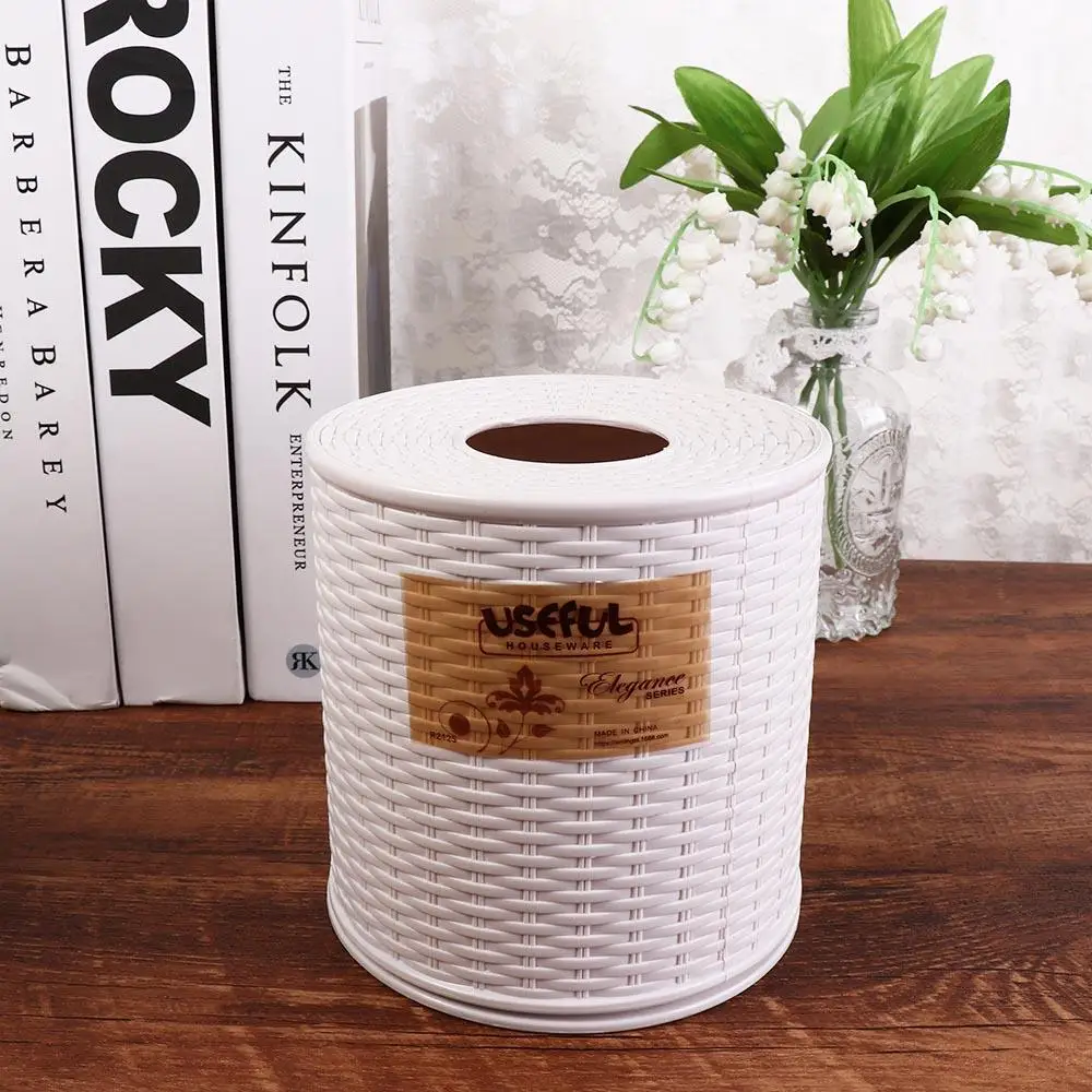Beige/Dark Brown Simulation Rattan Tissue Storage Box Decorative Dustproof Roll Paper Rack Container Round Plastic Tissue Box 3