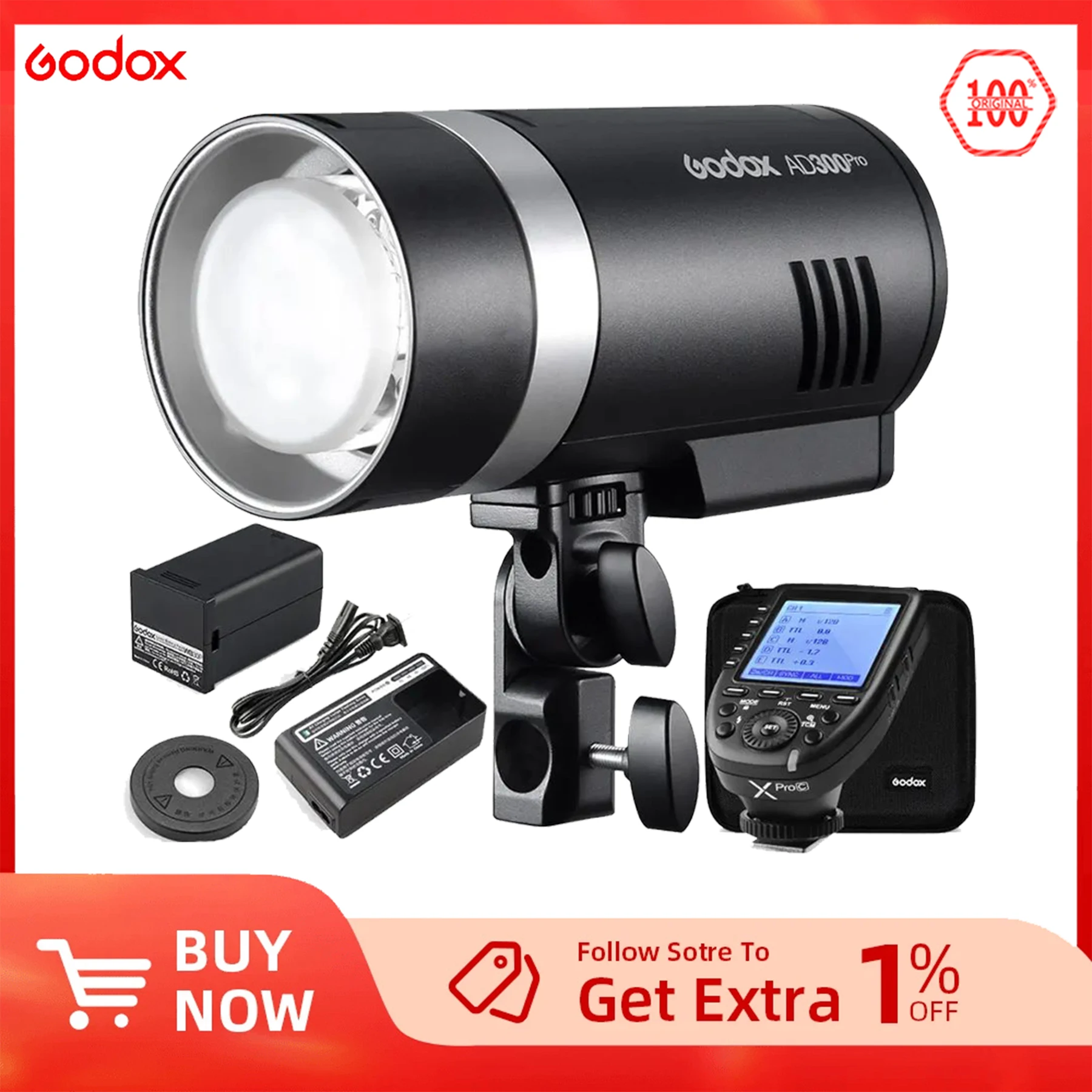 Godox AD300Pro Outdoor Flash Light 300Ws TTL 2.4G 1/8000 HSS with 2600mAh Battery for Iconic Brand Nikon Iconic Brand Fuji Olympus Pentax