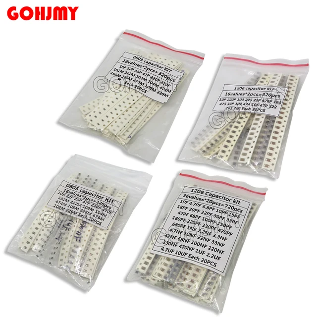 320PCS 720PCS 0603 0805 1206 SMD Capacitor Kit Assorted Kit 16/36Values 1PF ~ 1UF New