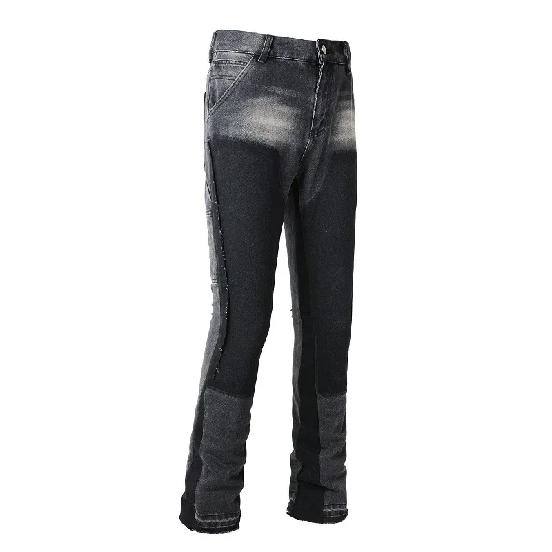 Trendy and Individual, Retro Color-blocking Fashion, Micro-flare, Non-elastic, Slim-fit European and American Men's Jeans. 3