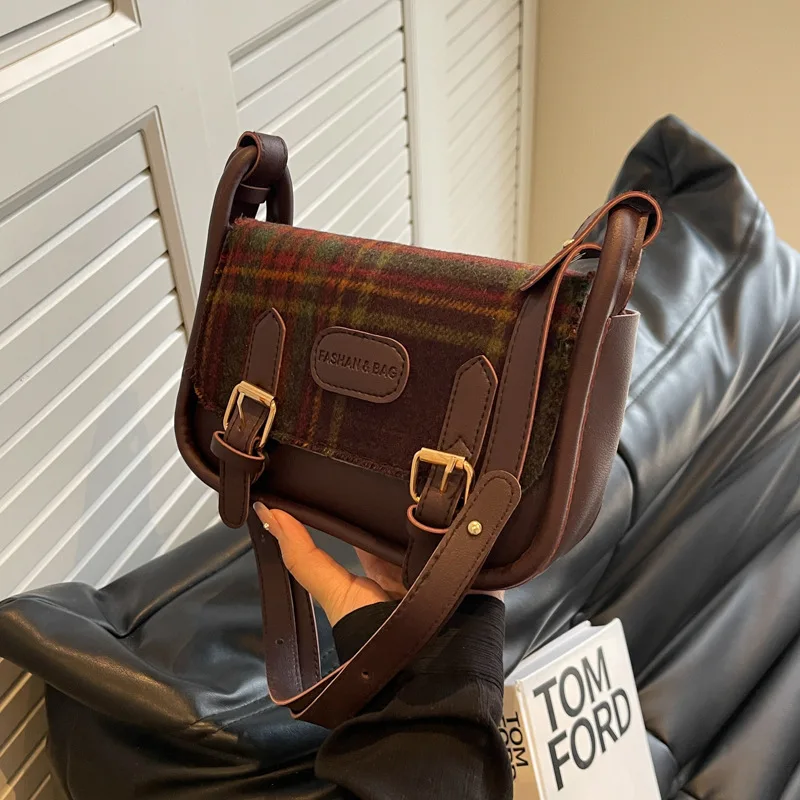 Retro Commuting Woolen Patchwork Crossbody Bag New Fashion Trend Plaid Simple Small Square Luxury Brand Shoulder Bag for Women