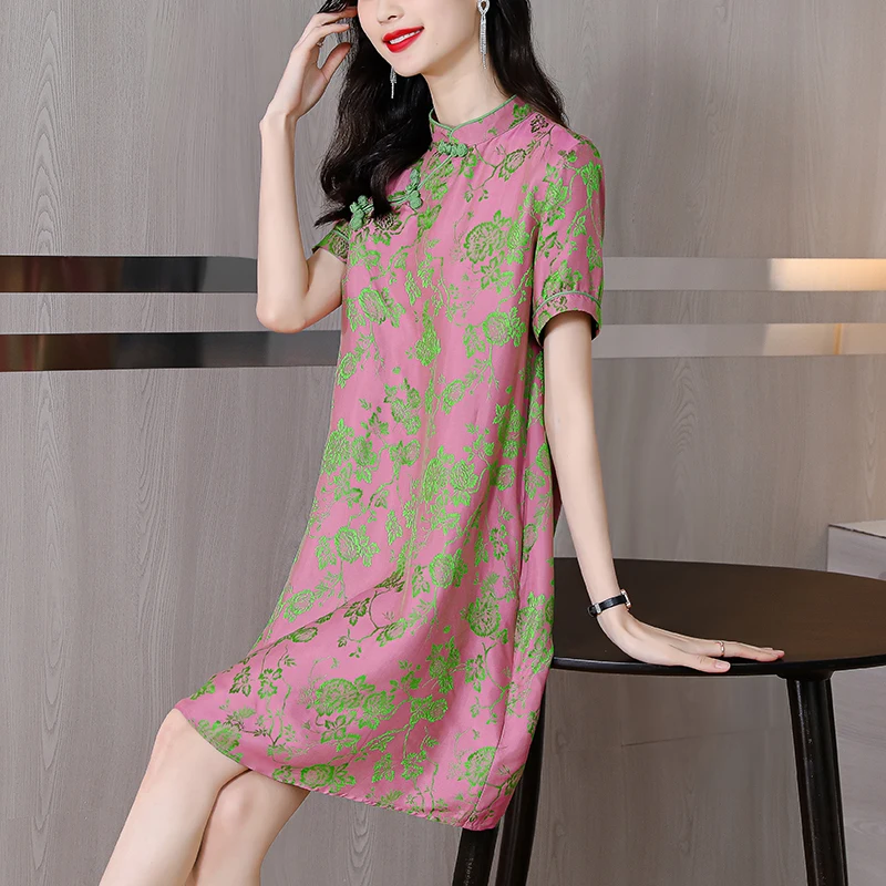 

Summer Floral Cheongsam 4XL Plus Size Mulberry Silk Dress Retro Slim Fit Slim Midi Dress Women Elegant Tight Party Vestido