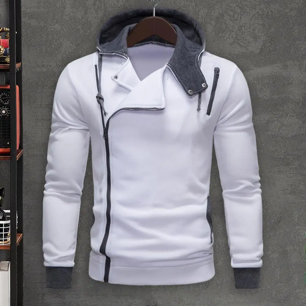 

Diagonal Zipper Hoodie Sport Top Stylish Men's Asymmetric Hoodie with Oblique Zipper Elastic Cuff Drawstring Contrasting