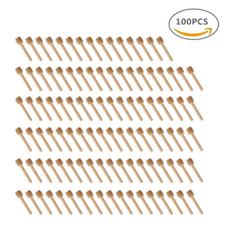 Honey Stir Bar Mixing Handle Jar Spoon Practical Wood Dipper Honey Long Stick Supplies 100pcs