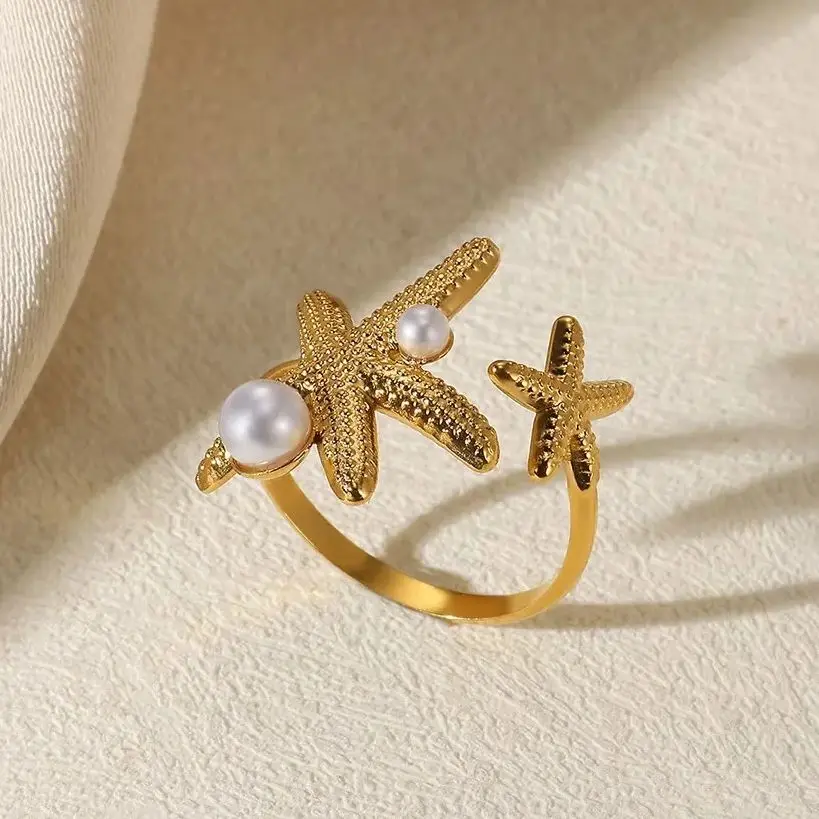 Starfish Rings For Women Girls Gold Color Pearl Stainless Steel Jewelry