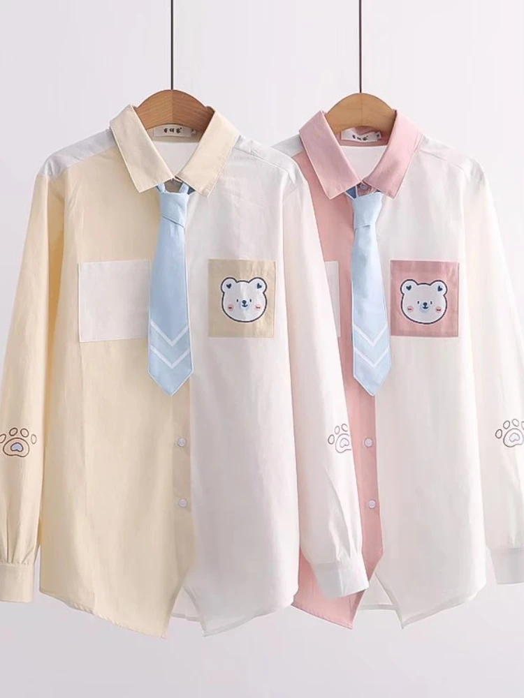 

Harajuku Bear Print Long Sleeve Cotton Shirt Women Summer Turndown Collar Girls Kawaii Shirts Patchwork Casual Tie Pockets Tops