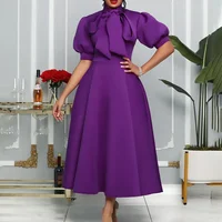 Women Butterfly Knot Pure Color Dress Party High Waist A- shaped Bubble Sleeve Fiber Mixed Fabric Short Dress 1