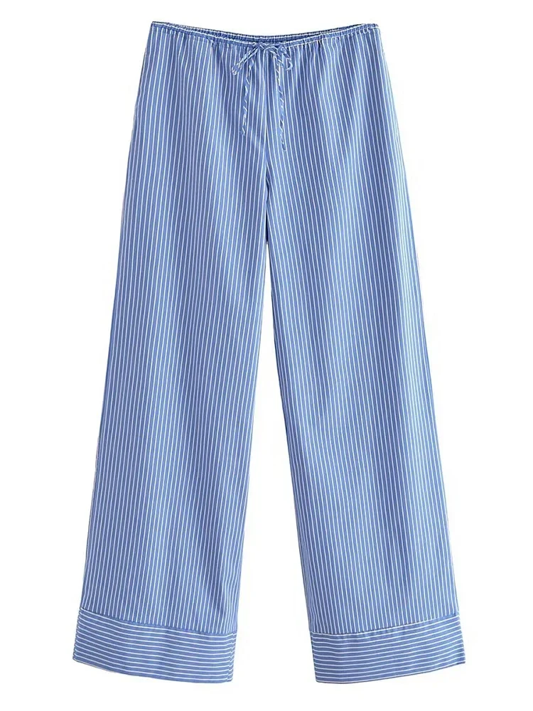 Fashion Korean Women's High Waisted Drawstring Fine Striped Blue Pants Retro Classic Women Vacation Style Loose Wide Leg Pants