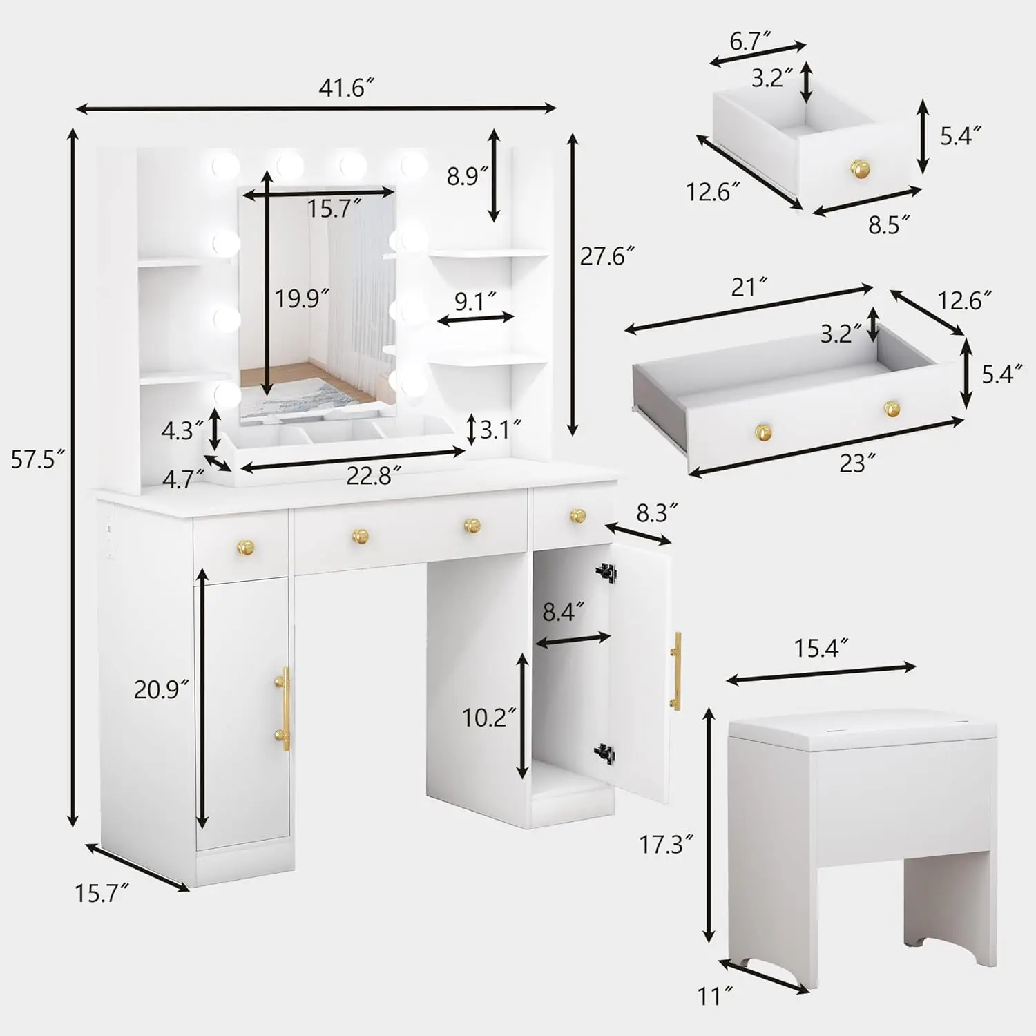 Vanity Desk with Mirror and Lights, 43'' Dressing Table Set with 5 Drawers & Cushion Chair, Power Strip, 3 Lighting Color Adjust