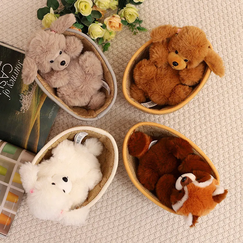 Kawaii Poodle Plush Toys Simulation Stuffed Animals Soft Baby Pet Doll Red Raccoon in the Cradle for Kids Toys Nice Presents