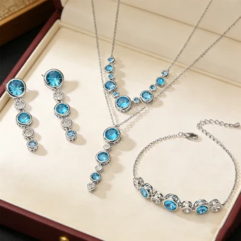 ZAKOL 4PCS Fashion Elegant Sky Bule Crystal CZ Necklace/Earring/Bracelet for Women Wedding Party Jewelry 1