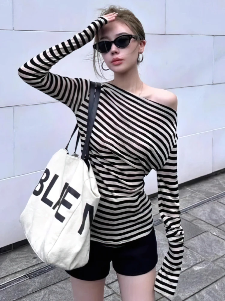 Vintage Off schulter Gestreiften Tops Frauen Koreanische Batwing langarm T shirt Dame Liebsten Grundlegende Tees Steetwear Y2k Frühling Herbst