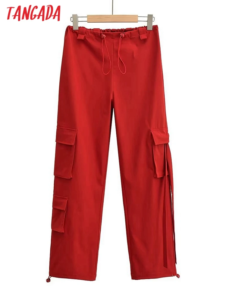 Tangada2023WomenPocketRedJoggingPantsAdjustWaistFemaleLoose
