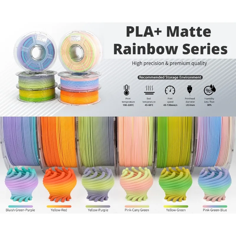PLA+ 필라멘트,PLA+ 그라데이션 필라멘트 무광택 색상 변경 PLA+,다색,빠른 색상 변경 3D 인쇄 필라멘트,1KG/2.2bls