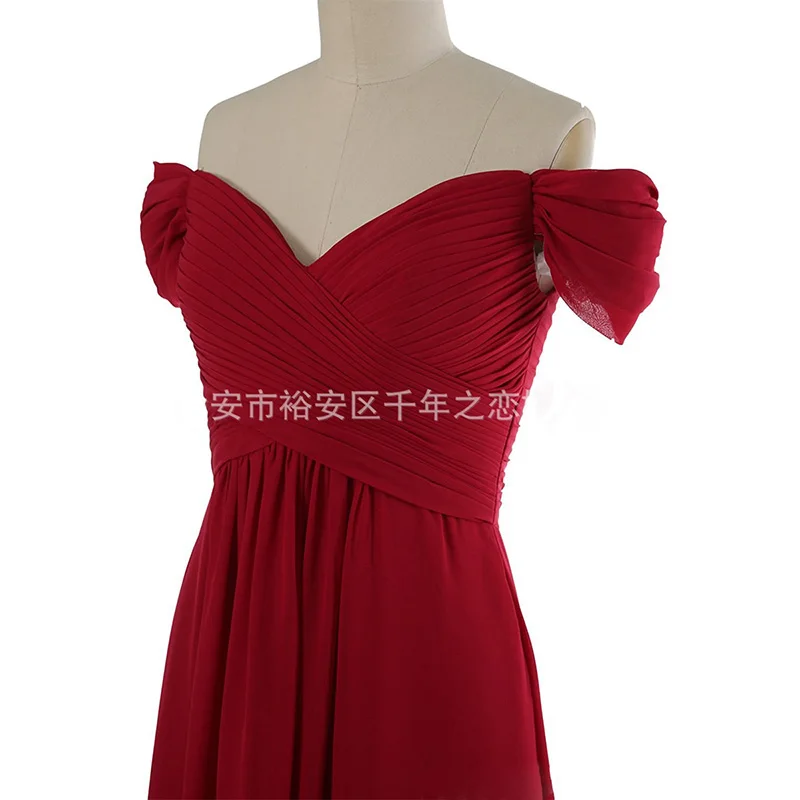 A Line Chiffon Elegant Boat Neck Pleat Flowers Off Shoulder Evening Bridesmaid Dresses Wedding Party Formal Prom Zipper Back
