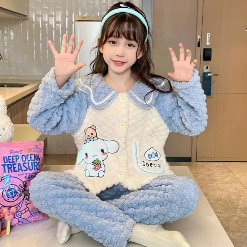Sanrio Pajamas Kuromi Anime Children Comfortable Coral Cartoon Cute Warm Casual Home Clothing