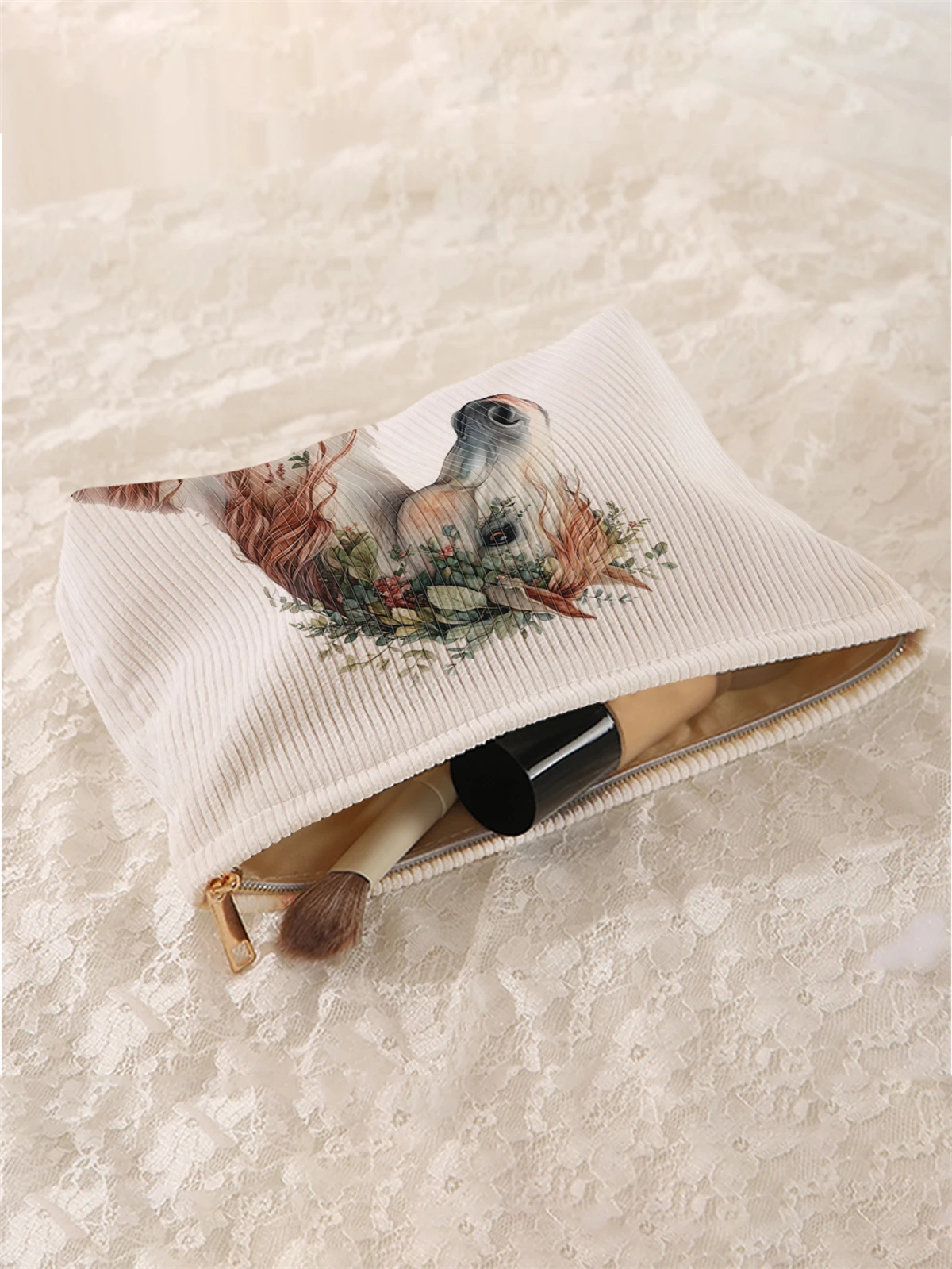 1 white horse pattern printed corduroy makeup bag, lightweight zipper makeup storage box, multifunctional bag with lining