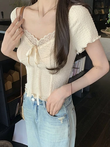 여성용 캐주얼 반팔 블라우스, Y2k 크롭탑, 오피스 레이디 바디콘, 귀여운 셔츠, 한국 패션, 순색, 카와이, 2023 여름 4