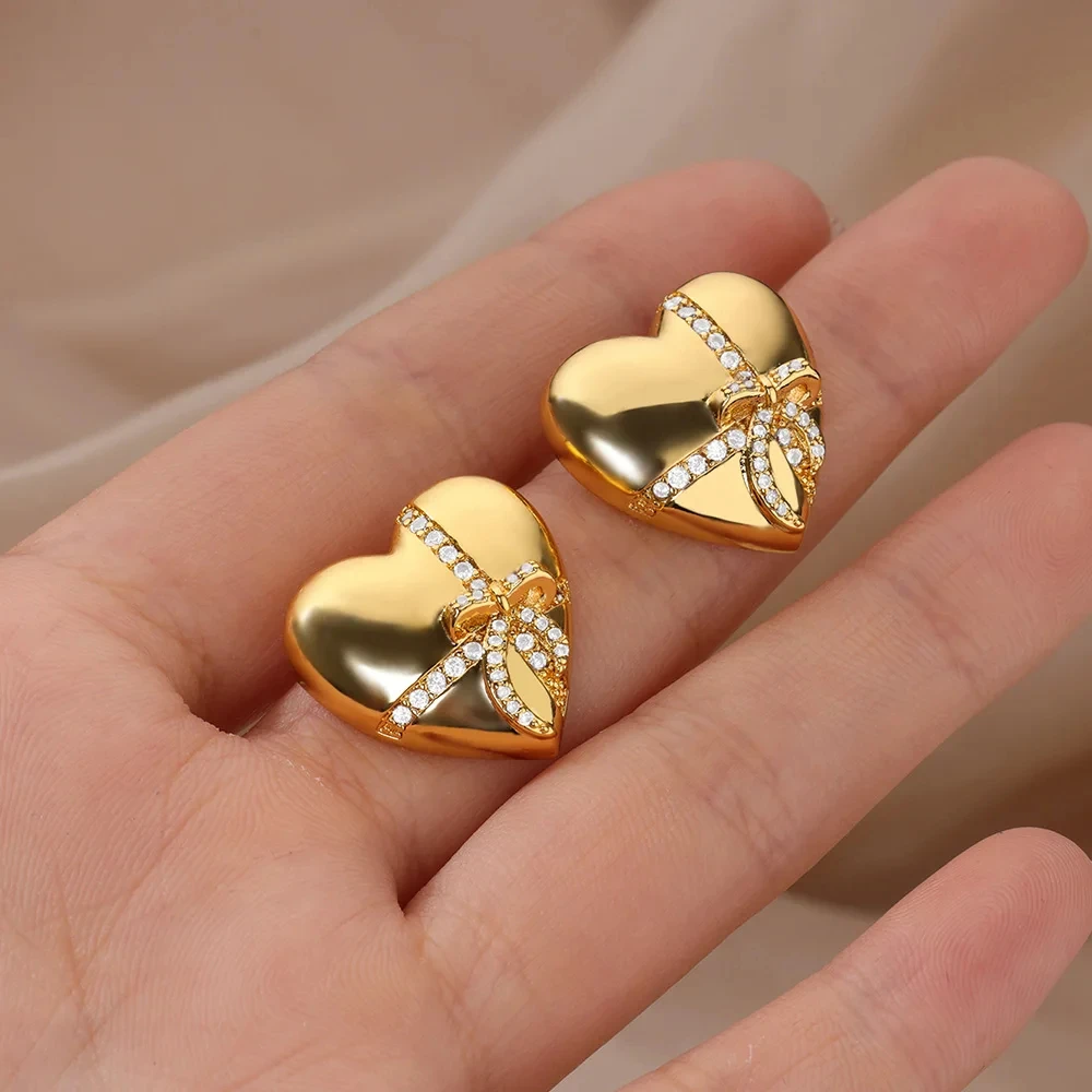 Cross Bowknot Heart Earrings for Women Stainless Steel Gold Color