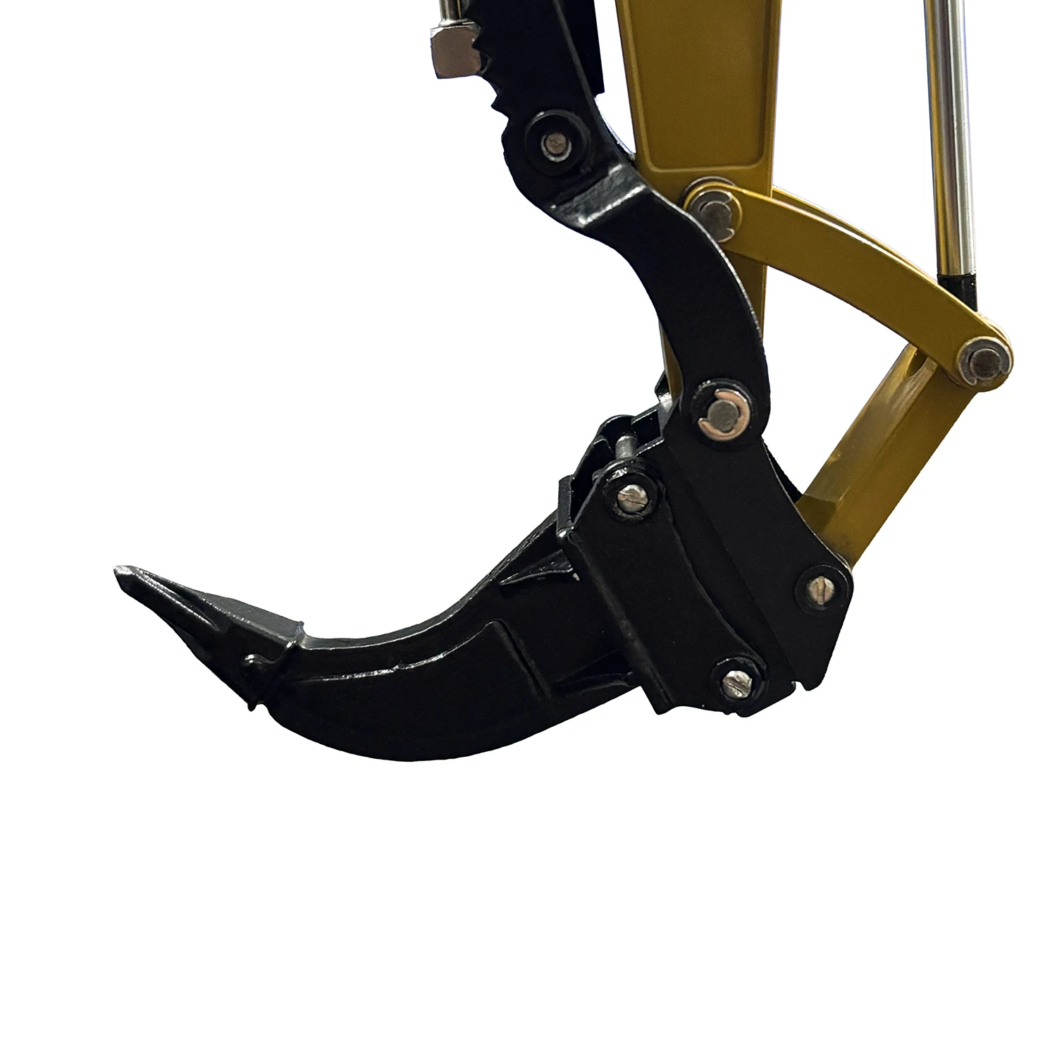 Gros plan sur l'attache du ripper 1/14 pour excavatrice RC C308, métal brossé et boulons.