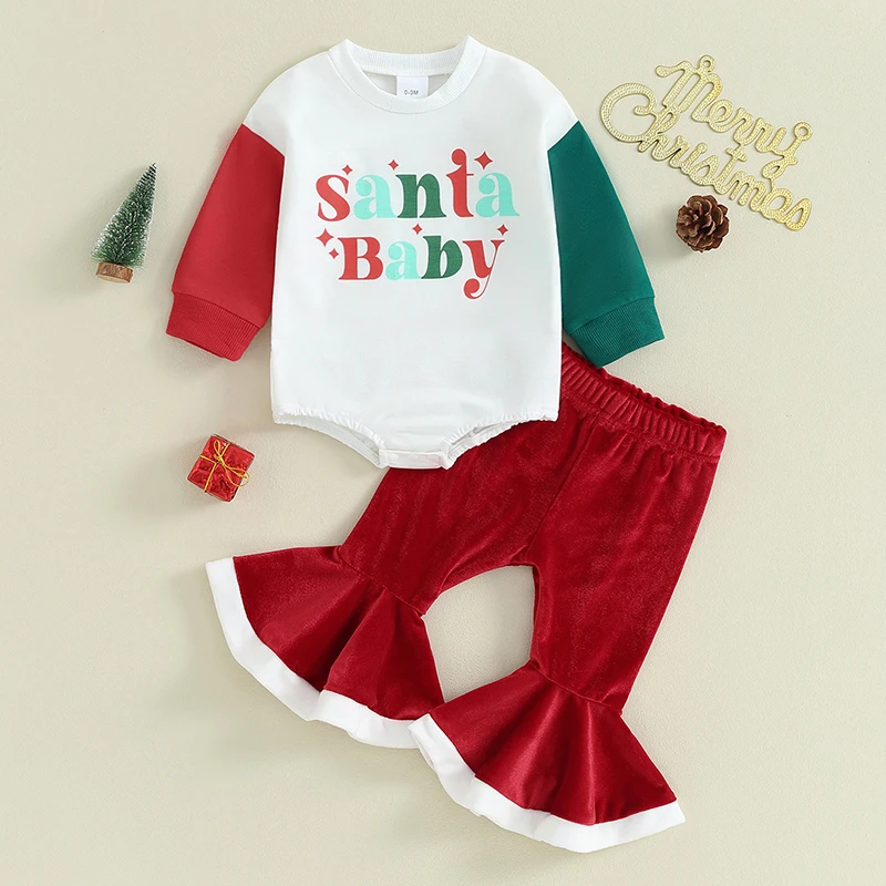 

2023-09-05 Lioraitiin 0-24M Infant Baby Girl Christmas Clothes Letter Print Long Sleeve Romper Velvet Flare Pants Outfit