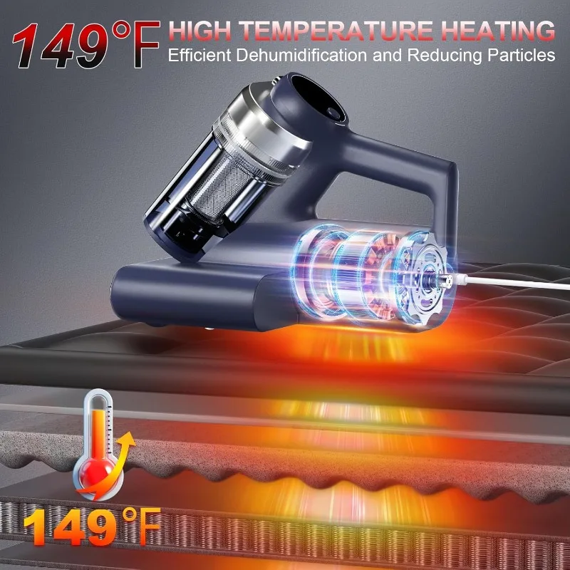 Mattress Vacuum Bed Vacuum Cleaner with 253.7nm UV-C Light, 600W & 16Kpa Strong Suction,33000 RPM/Min Tapping, HEPA Filter,149℉ 3