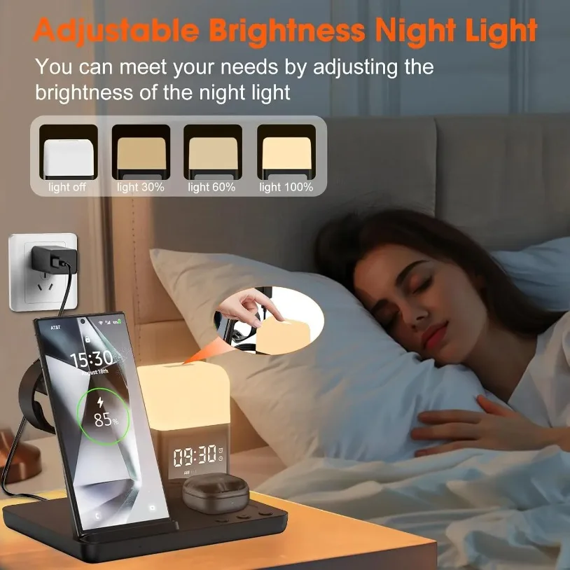 6 in 1 Alarm Clock-Night Light Wireless Charger Charging Station for Samsung Galaxy S25 Ultra/S24/S23 Samsung Watch7/6 Buds3 Pro