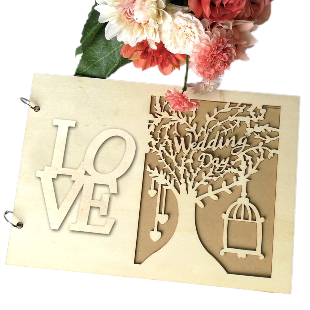 Wedding Guest Sign Books Wooden Heart Hollow Notebook Vintage Name Board Decor Material Of Plywood And Birch Board Log Color