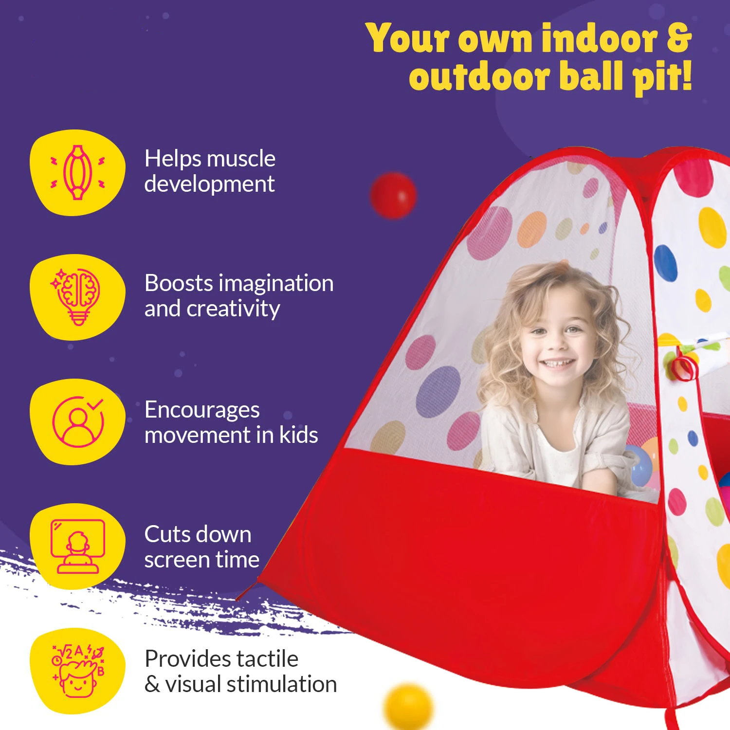 Kids Ball Pit Play Tent,100 Ball Pit Balls Included,Use as a Ball Pit or As an Indoor/Outdoor Play Tent,Christmas Gifts for Kids 6