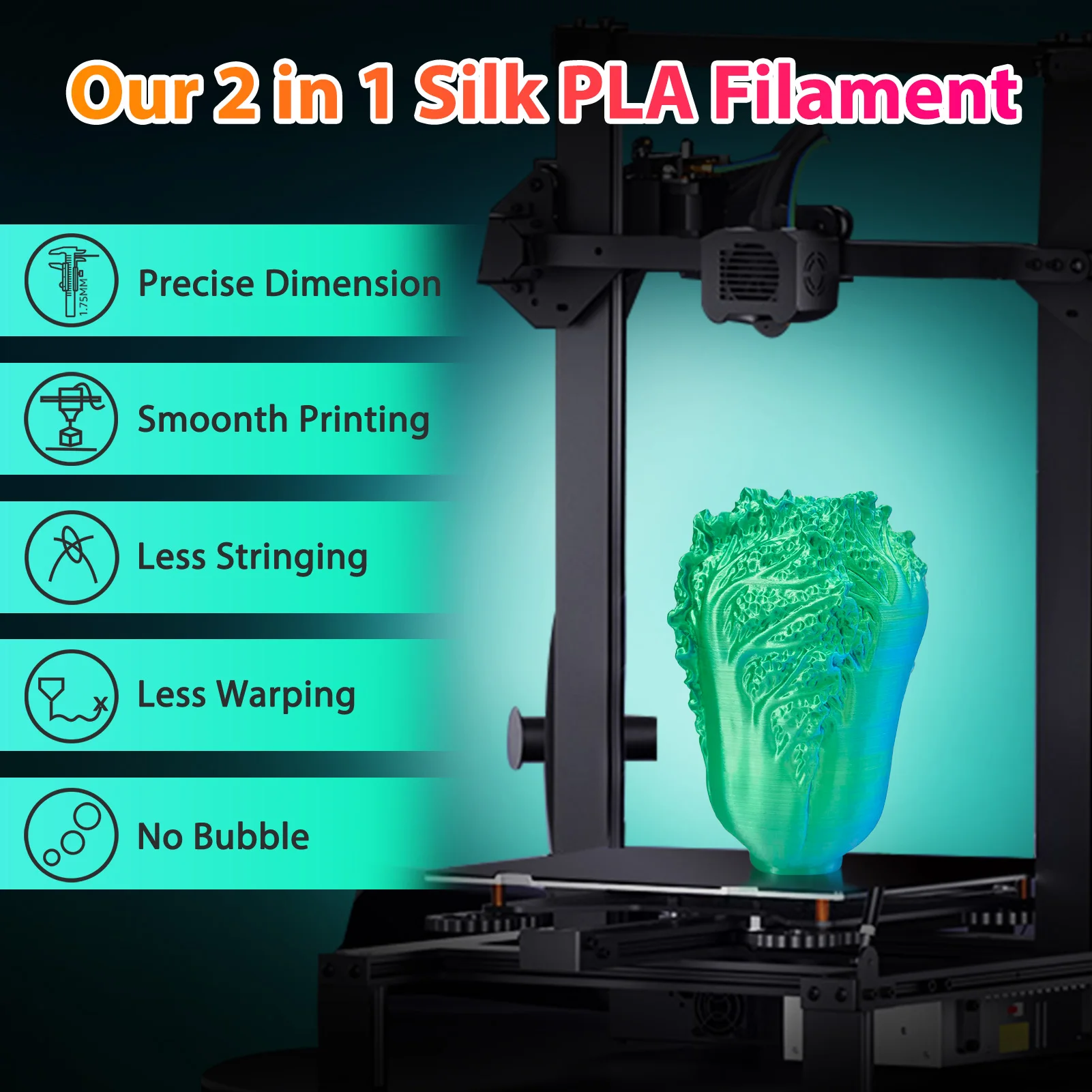 실크 PLA 3D 프린터 필라멘트 1.75mm 250g 이중 색상 3D 인쇄 필라멘트 PLA 3D 인쇄 필라멘트 2 in 1 색상 하늘색 녹색