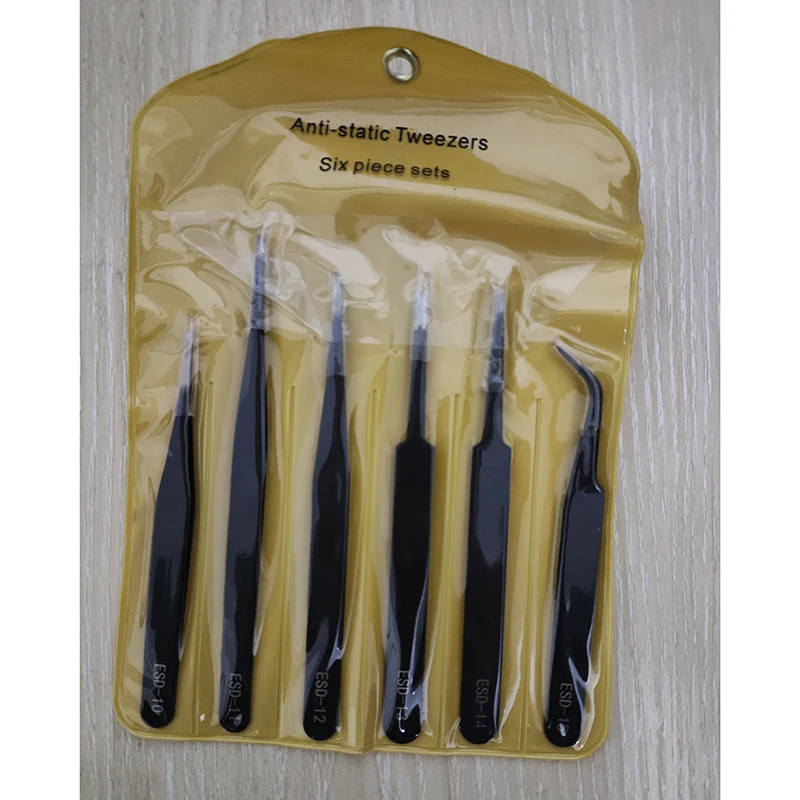 6pcs Anti-Static Stainless Steel Tweezers Precision Maintenance Industrial Repair Curved Working Model Making Hand Tool ESD-15