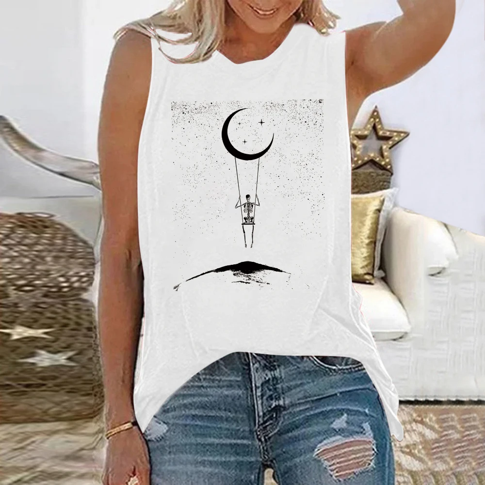 Sleeveless Summer Tee Shirt Skeleton and Moon 2