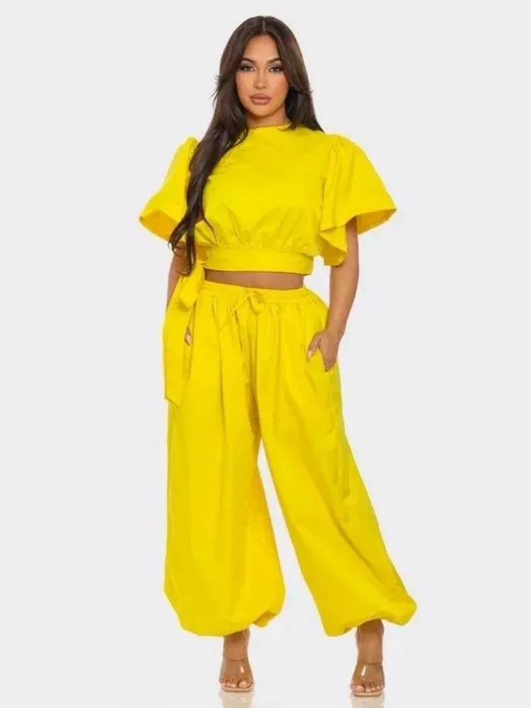 Wmstar Two Piece Outfits  Women Wholesale Solid Casual Top and Bandage Pants Sets Wide Leg Elegant Matching Suit New in Summer