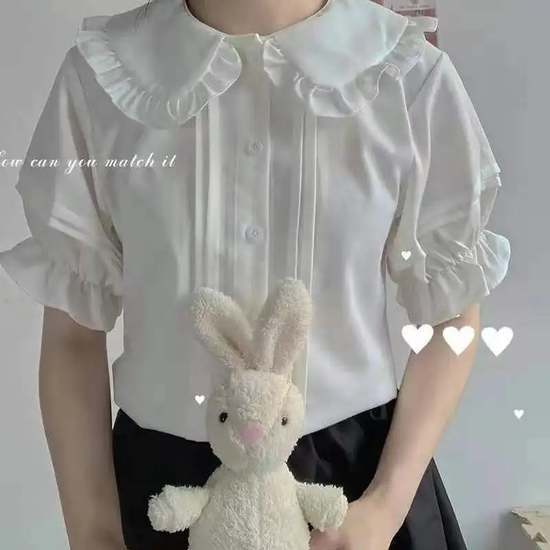 QWEEK Japanese Sweet Lolita Style Blouses Women Kawaii Peter Pan Collar JK Shirts Girls Cute Ruffles Short Puff Sleeve White Top