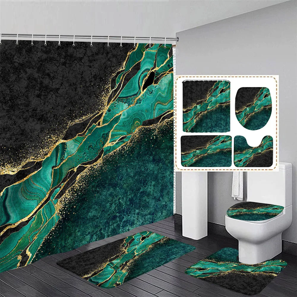 Green Marble Shower Curtain Set Gold Line Black Texture Crackle Pattern