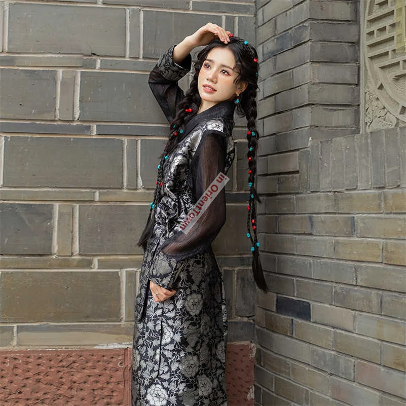 Tibetan Clothing Mix French Style Girl Jacquard Bola Dress Travel Photography Costume Tibet Ethnic Guozhuang Long Robe Lady