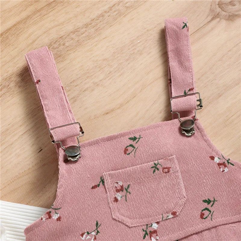 1-4yers Infant Girls Spring Fall Set Pink White Long Sleeve Tops+ Floral Print Suspender Trousers Outfits For Toddler Girls