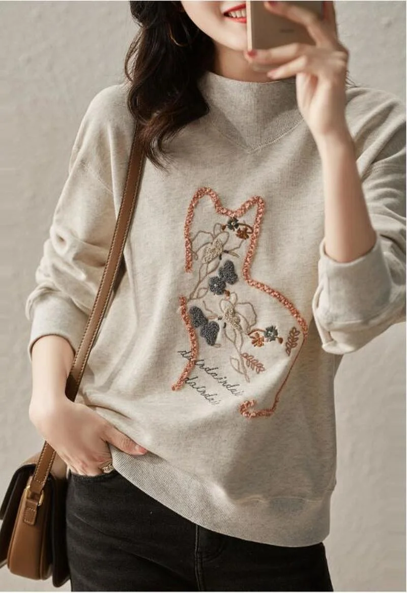 2022 Spring Autumn Sweatshirt Women New Fashion Cotton O-neck Long Sleeve Sweatshirt Stitching Casual Cat Embroidery Clothes