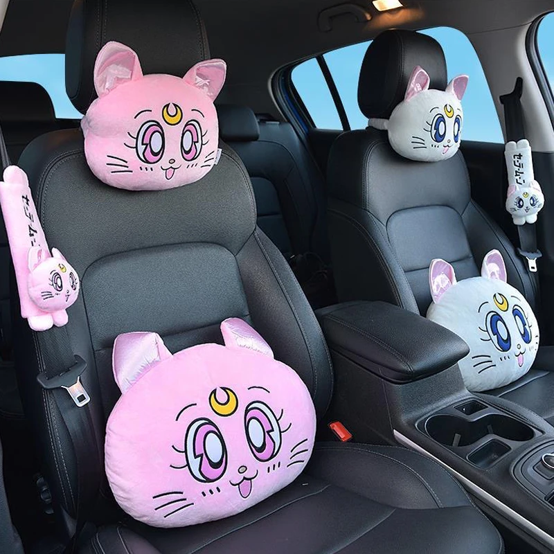 Cartoon Car Headrest Pillow Cute Car Luna Cat Head Plush Neck Pillow Car  Seat Headrest Cushion Kawaii Girl Car Accessories - AliExpress