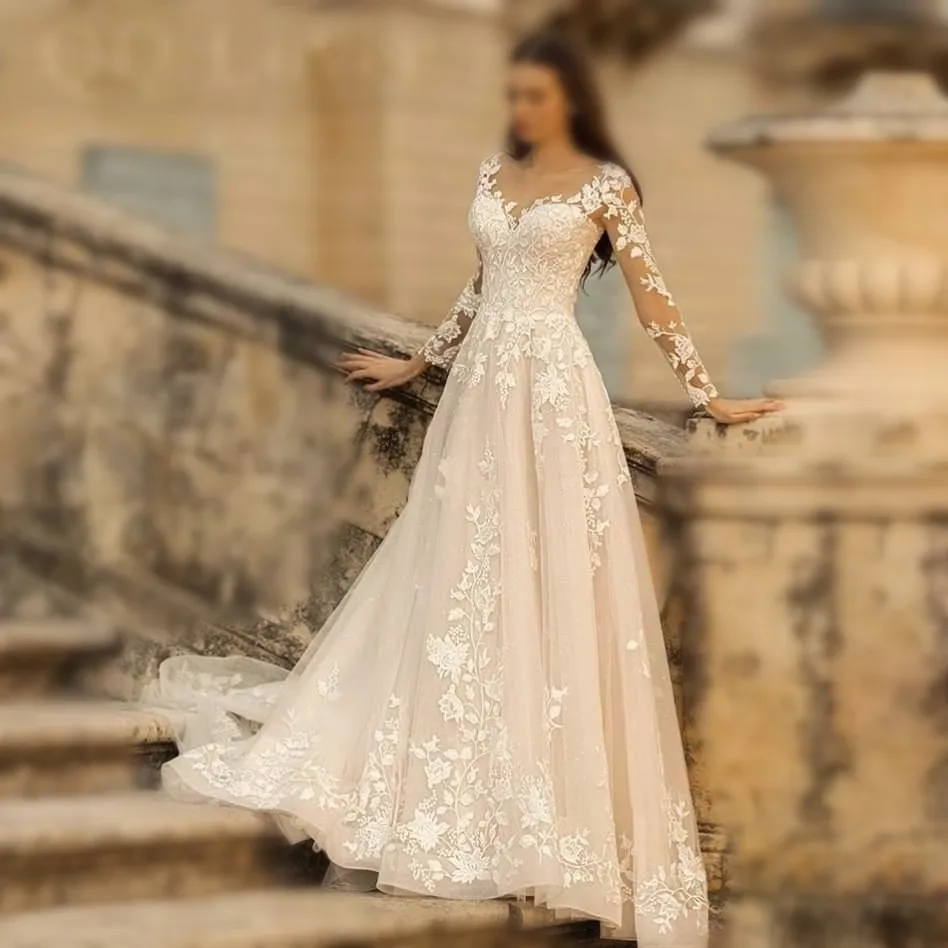 elegant wedding dresses near me White Lace Appliques Plus Size Wedding Dresses Long Sleeves Lace Up Back Wedding Gowns main image 0