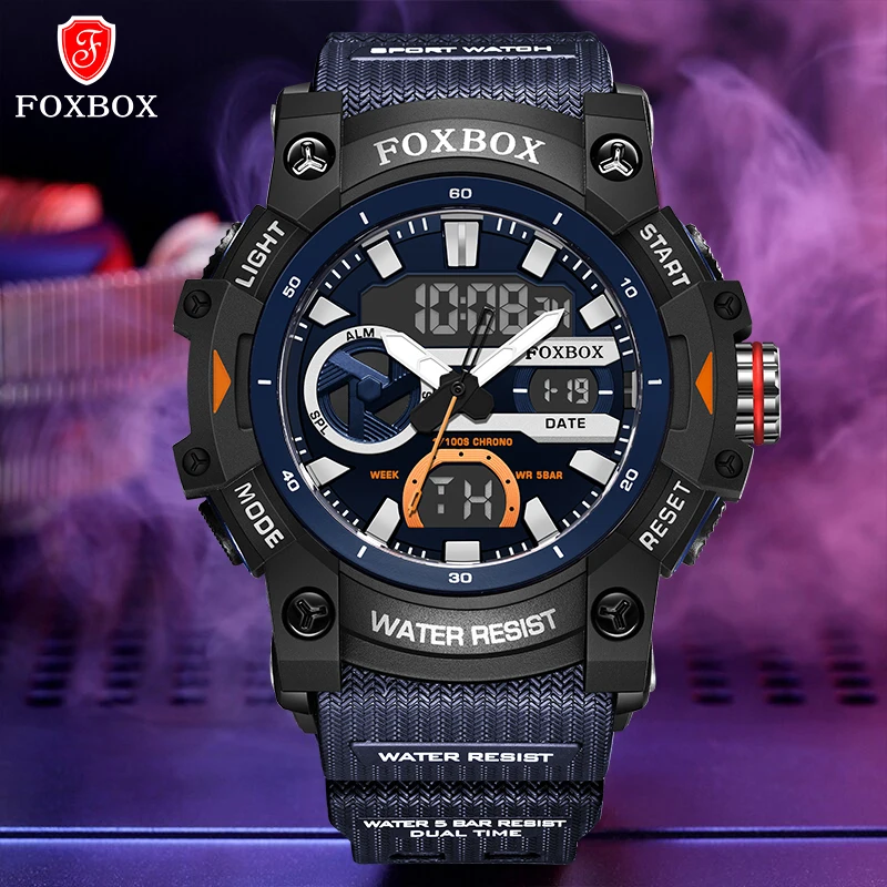 FOXBOX New Dual Display Watches for Men Casual Sport Alarm Digital Big Dial Wristwatches Waterproof Male Quartz Analog Clock