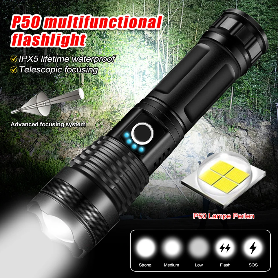 BESTA - Lampe de Poche LED Ultra Puissante, USB Rechargeable CREE P50 Lampe  Torche, 3000 Lumens Super Lumineuse 5 Modes d'éclairage Etanche Torche avec  18650 Batterie pour Camping Randonnée - Lampes portatives