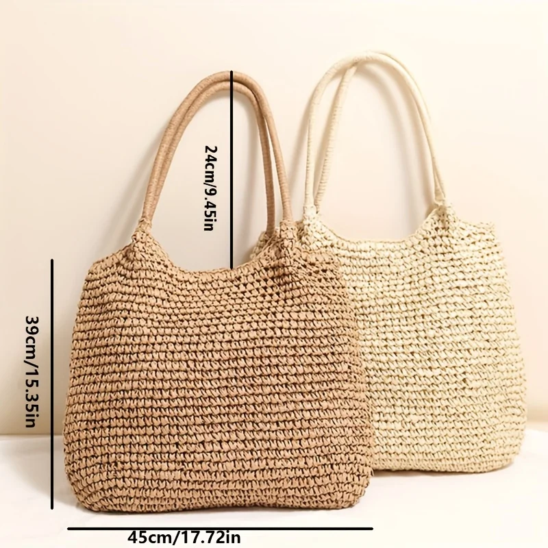 Women Shoulder Bag, Fashion Large Capacity Tote Straw Bag, Casual Solid Easy Beach Bag for Vacation Beach Outdoor Travel Camping - 4