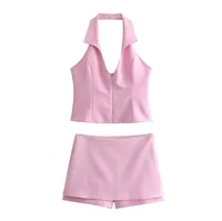 Women Summer 2 Piece Set High Waist Back Pocket Mini Skirts Shorts Sexy V-Neck Sleeveless Backless Suspender Zipper Top - Image 2